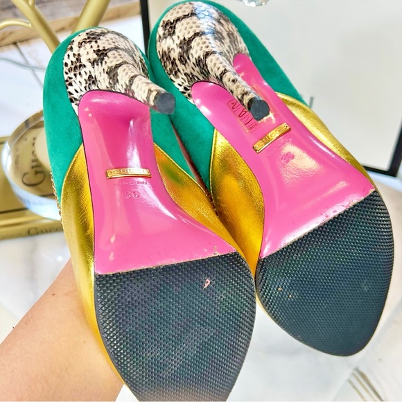 Gucci Metallic Nappa Kid Scamosciato Elaphe Snakeskin Pumps in Emerald Roccia - Picture 7 of 10